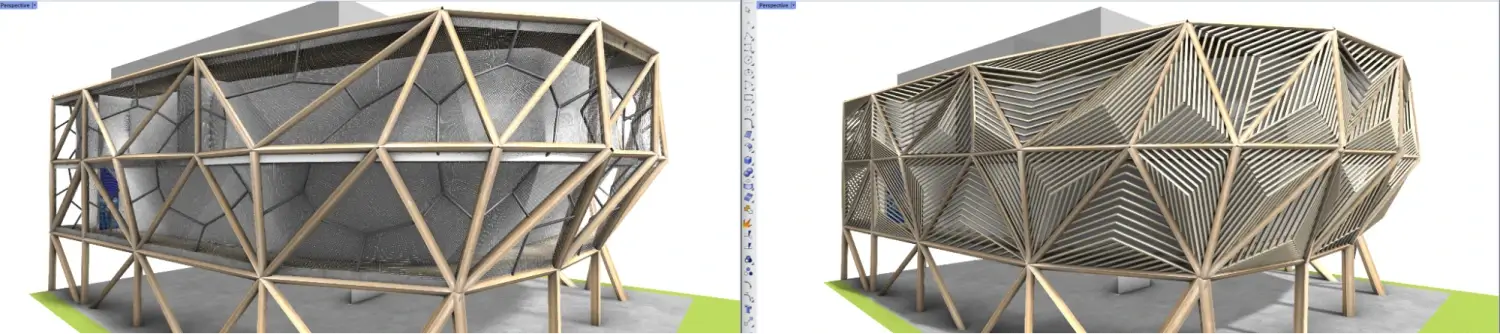 Computational design v praxi. Transformace návrhu fasády pavilonu pomocí ladění logiky skriptů a parametrů.